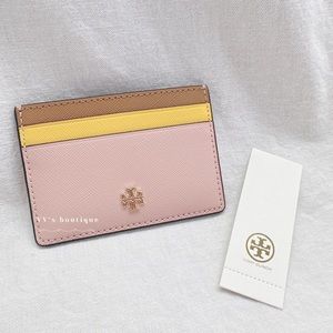 NWT Tory Burch Emerson Colorblock Slim Card Case Lemon Pink Cardamom 80136
